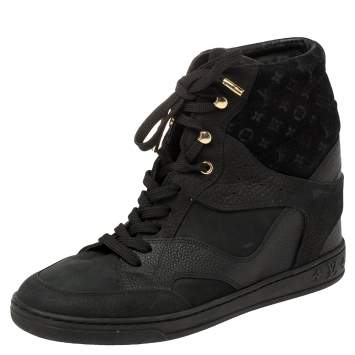 Pre Owned  Louis Vuitton Black Monogram Suede And Leather Millenium Wedge Sneakers Size 38