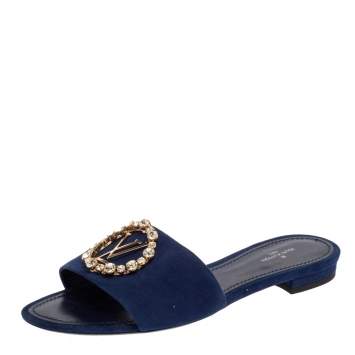 Pre Owned Louis Vuitton Blue Suede Crystal Madeleine Flat Mules Size 37