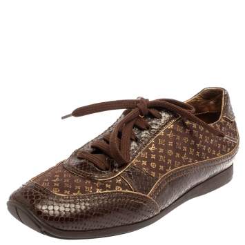 Pre Owned Louis Vuitton Brown Monogram Satin And Python Embossed Leather Trim Low Top Sneakers Size 38