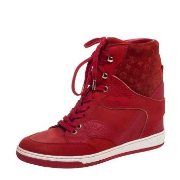 Pre Owned Louis Vuitton Red Leather And Embossed Monogram Suede Millenium Wedge Sneakers Size 37.5