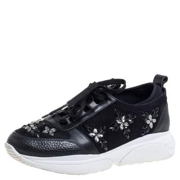 Pre Owned Louis Vuitton Black Leather And Suede Embellished Low Top Sneakers Size 36