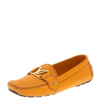 Pre Owned Louis Vuitton Orange Leather Logo Embellished Driving Loafer Size 35.5