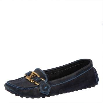 Pre Owned Louis Vuitton Blue Suede Logo Slip On Loafers Size 36.5