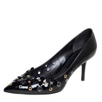 Pre Owned Louis Vuitton Black Patent Leather Applique Embellished Pointed Toe Pumps Size 39.5