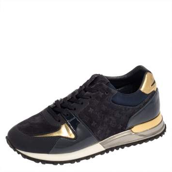 Pre Owned Louis Vuitton Dark Blue Suede, Patent And Fabric Run Away Low Top Sneakers Size 36