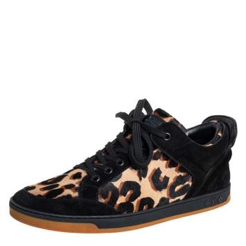 Pre Owned Louis Vuitton Black Suede And Leopard Print Calf Hair Low Top Sneakers Size 38.5