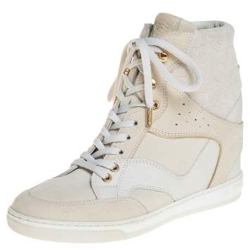 Pre Owned Louis Vuitton White Leather And Monogram Suede Millenium Wedge Sneakers Size 36.5
