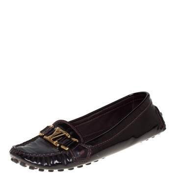 Pre Owned Louis Vuitton Burgundy Patent Leather Oxford Slip On Loafers Size 38
