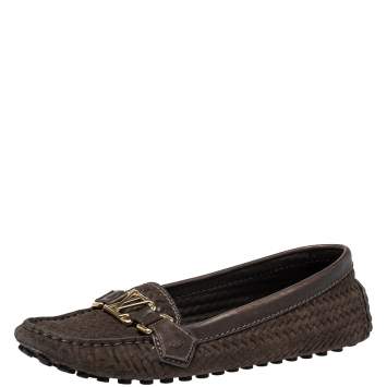 Pre Owned Louis Vuitton Brown Textured Suede Oxford Slip On Loafers Size 39