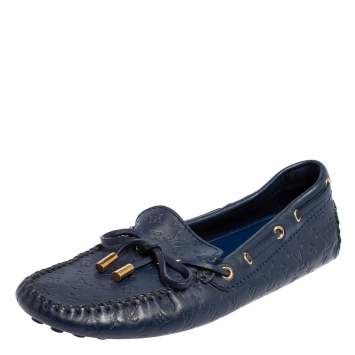 Pre Owned  Louis Vuitton Brue Monogram Empreinte Leather Gloria Slip On Loafers Size 38.5