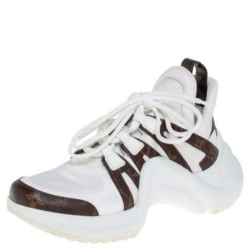 Pre Owned Louis Vuitton White/Brown Leather And Monogram Canvas Archlight Sneakers Size 37
