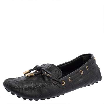 Pre Owned Louis Vuitton Black Monogram Empreinte Leather Gloria Slip On Loafers Size 34.5