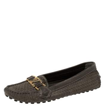 Pre Owned Louis Vuitton Grey Woven Suede Slip On Loafers Size 36.5
