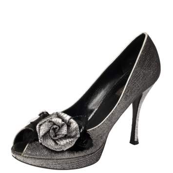 Pre Owned Louis Vuitton Silver Lurex Fabric Floral Peep Toe Pumps Size 39