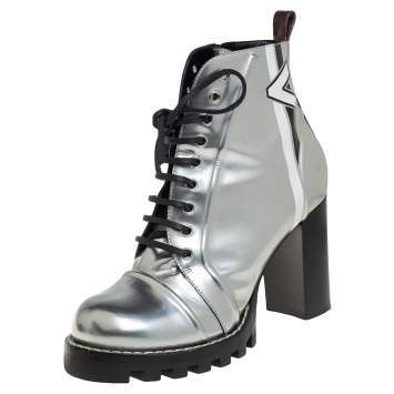 Pre Owned Louis Vuitton Silver Leather Spaceship Ankle Boots Size 40