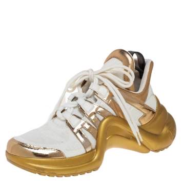 Pre Owned Louis Vuitton White/Gold Leather and Mesh LV Archlight Sneakers Size 38.5