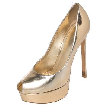 Pre Owned Louis Vuitton Metallic Gold Leather Peep Toe Platform Pumps Size 37