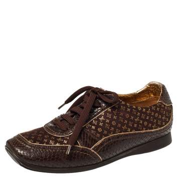 Pre Owned Louis Vuitton Brown Monogram Fabric and Python Embossed Leather Low Top Sneakers Size 36.5