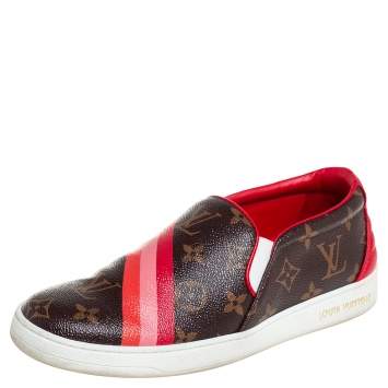 Pre Owned Louis Vuitton Brown/Red Monogram Canvas And Leather Frontrow Slip On Sneakers Size 38