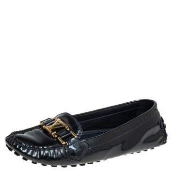 Pre Owned Louis Vuitton Dark Blue Patent Leather Oxford Slip On Loafers Size 35.5