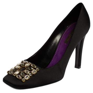 Pre Owned Louis Vuitton Black Satin Runway Jewel Square Toe Pumps Size 39.5