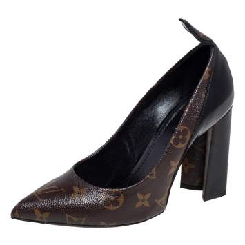 Pre Owned Louis Vuitton Brown/Black Monogram Canvas And Leather Matchake Block Heel Pumps Size 37