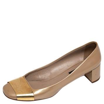 Pre Owned Louis Vuitton Gold Patent Leather Block Heel Pumps Size 39