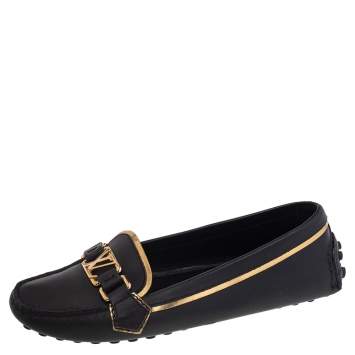 Pre Owned Louis Vuitton Black/Gold Leather Oxford Slip On Loafers Size 37