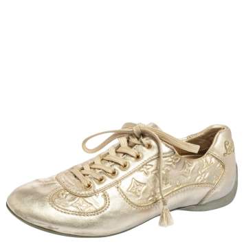 Pre Owned Louis Vuitton Metallic Gold Monogram Embossed Leather Trainers Sneakers Size 36
