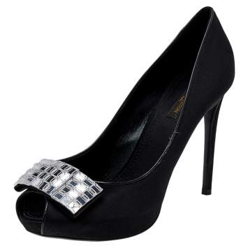 Pre Owned Louis Vuitton Black Satin Embellished Peep Toe Pumps Size 39