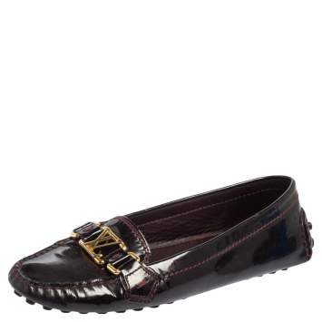 Pre Owned Louis Vuitton Burgundy Patent Leather Oxford Slip On Loafers Size 37
