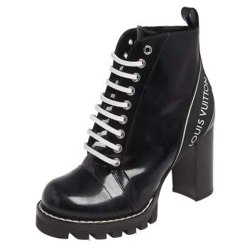Pre Owned Louis Vuitton Black Patent Leather Star Trail Block Heel Boots Size 36.5