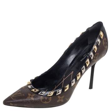 Pre Owned Louis Vuitton Brown Monogram Canvas And Black Leather Trim Eldorado Pointed Toe Pumps Size 37.5