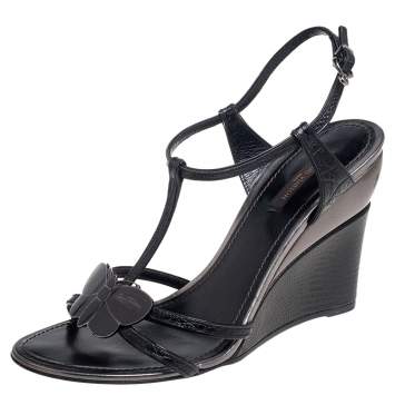 Pre Owned Louis Vuitton Black Croc Embossed Leather Butterfly Wedge Sandals Size 39