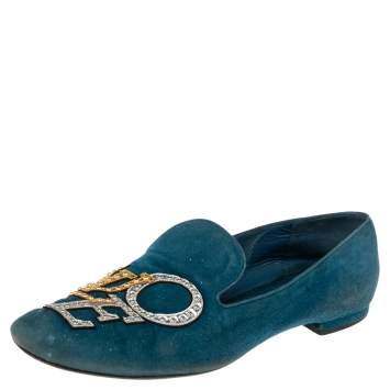Pre Owned Louis Vuitton Blue Suede Love  Slip On Loafers Size 37.5