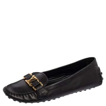 Pre Owned Louis Vuitton Black Leather Slip On Loafers Size 37.5