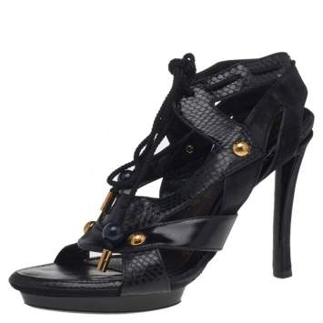 Louis Vuitton Black Python And Suede Ankle Tie Sandals Size 41