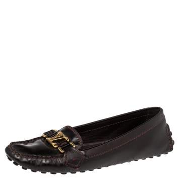 Pre Owned Louis Vuitton Burgundy Patent Leather Oxford Slip On Loafers Size 38.5