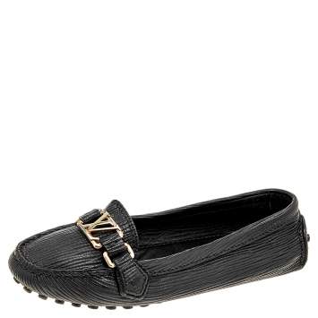 Pre Owned Louis Vuitton Black Textured Leather Oxford Slip On Loafers Size 36