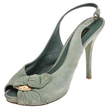 Pre Owned Louis Vuitton Green Suede Bow Slingback Sandals Size 36