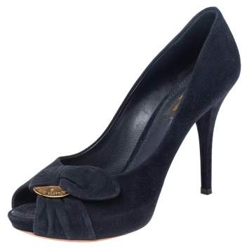 Pre Owned Louis Vuitton Navy Blue Suede Kimono Peep Toe Platform Pumps Size 38