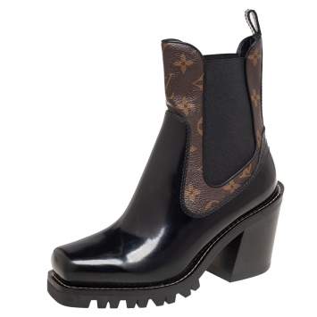 Pre Owned Louis Vuitton Black Leather And Monogram Canvas Limitless Ankle Boots Size 37