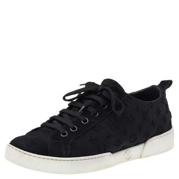 Pre Owned Louis Vuitton Black Monogram Fabric and Suede Slip on Sneakers Size 35