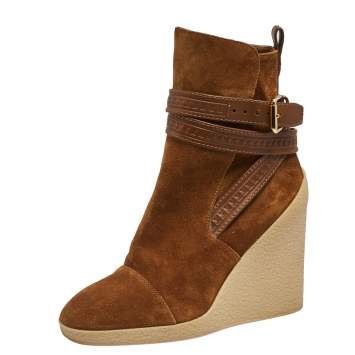 Pre Owned Louis Vuitton Brown Suede Crossroads Wedge Ankle Boots Size 37