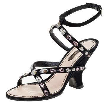 Pre Owned Louis Vuitton Black Satin Crystal Embellished Ankle Strap Sandals Size 39