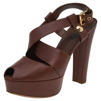 Pre Owned Louis Vuitton Dark Brown Leather Slingback Platform Sandals Size 38.5