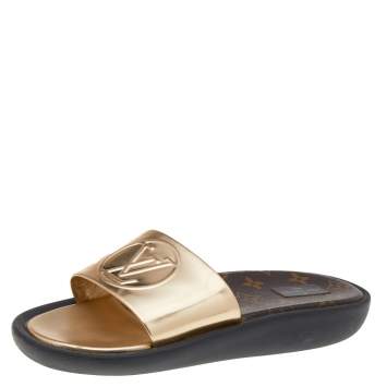 Pre Owned Louis Vuitton Gold Leather Sunbath Flat Slides Size 39