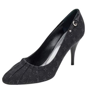 Pre Owned Louis Vuitton Black Monogram Mini Lin Canvas Myosotis Pumps Size 39.5