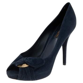 Pre Owned Louis Vuitton Navy Blue Suede Catania Peep Toe Platform Pumps Size 40