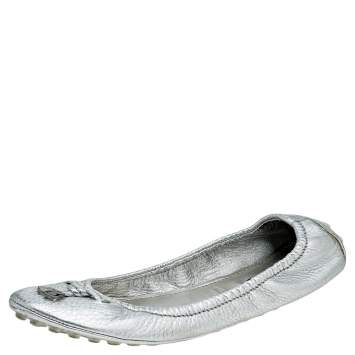 Pre Owned Louis Vuitton Silver Leather Bow Ballerina Flats Size 39.5